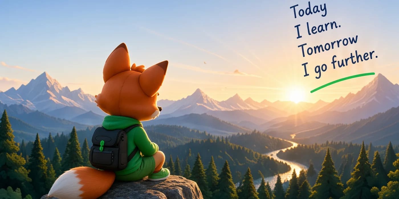 Piko the fox sitting on a clifftop watching the sun rise over a forest valley, beside the handwritten lines “Today I learn. Tomorrow I go further.”