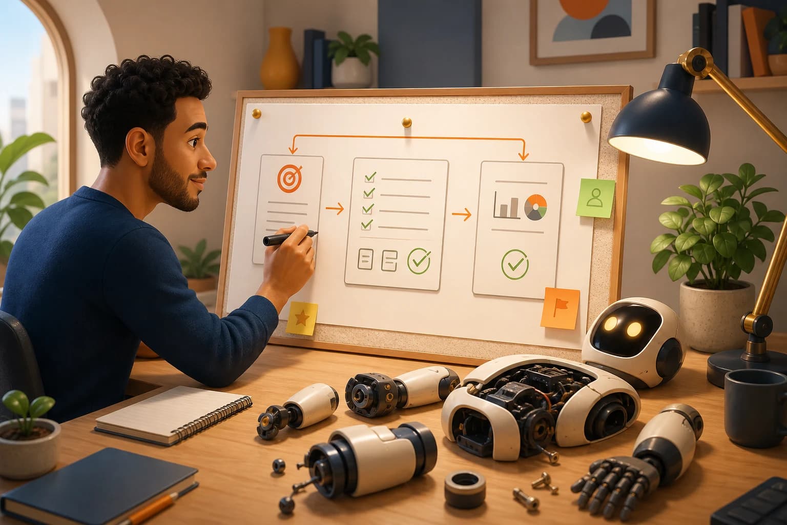 Building an agent in the right order: a person first writing down what a finished result looks like and how they would check it, with the agent itself only assembled at the end.