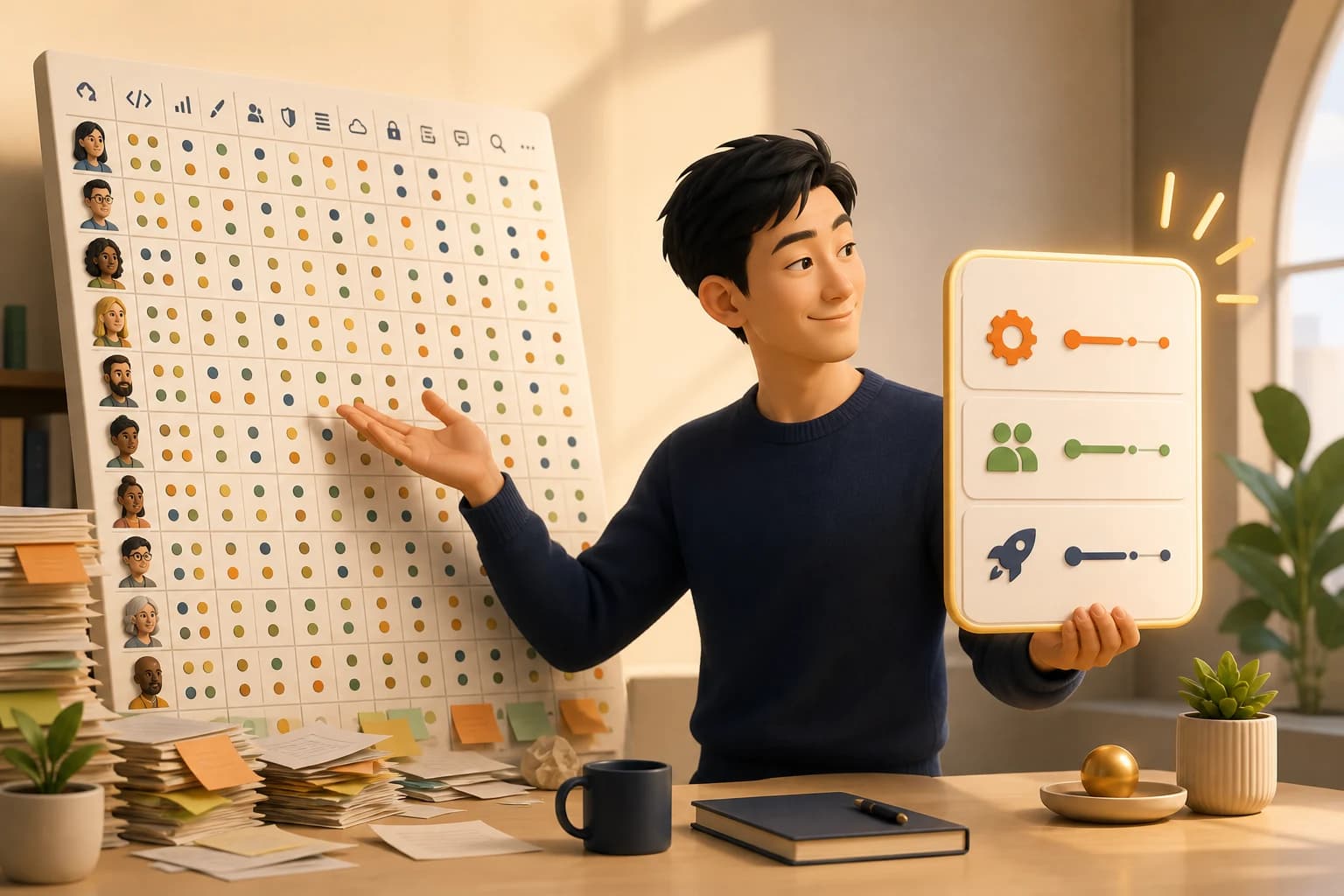 Two ways of picturing the same team: a large grid rating everybody against forty generic competencies, and a short list of the few things the team has promised to deliver and cannot currently do.
