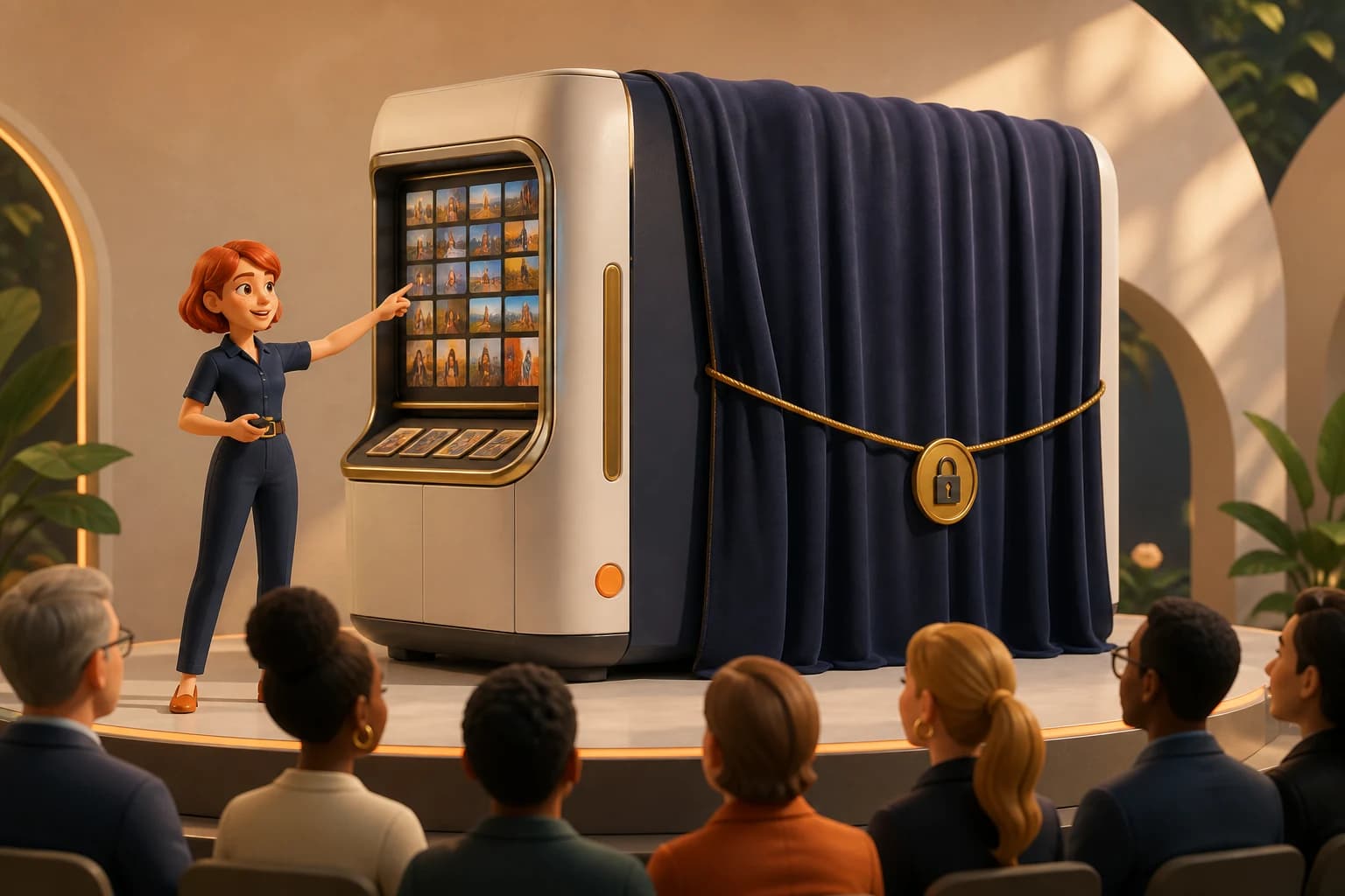 A new machine unveiled on a stage with a large part of it curtained off and padlocked, the presenter pointing at the sealed section as proudly as at the working one, in front of an audience.