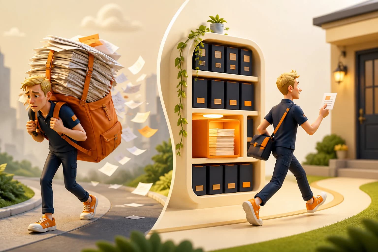 The same large parcel of instructions being carried in full on every trip, beside a version where it is delivered once and afterwards only a small slip is handed over each time.
