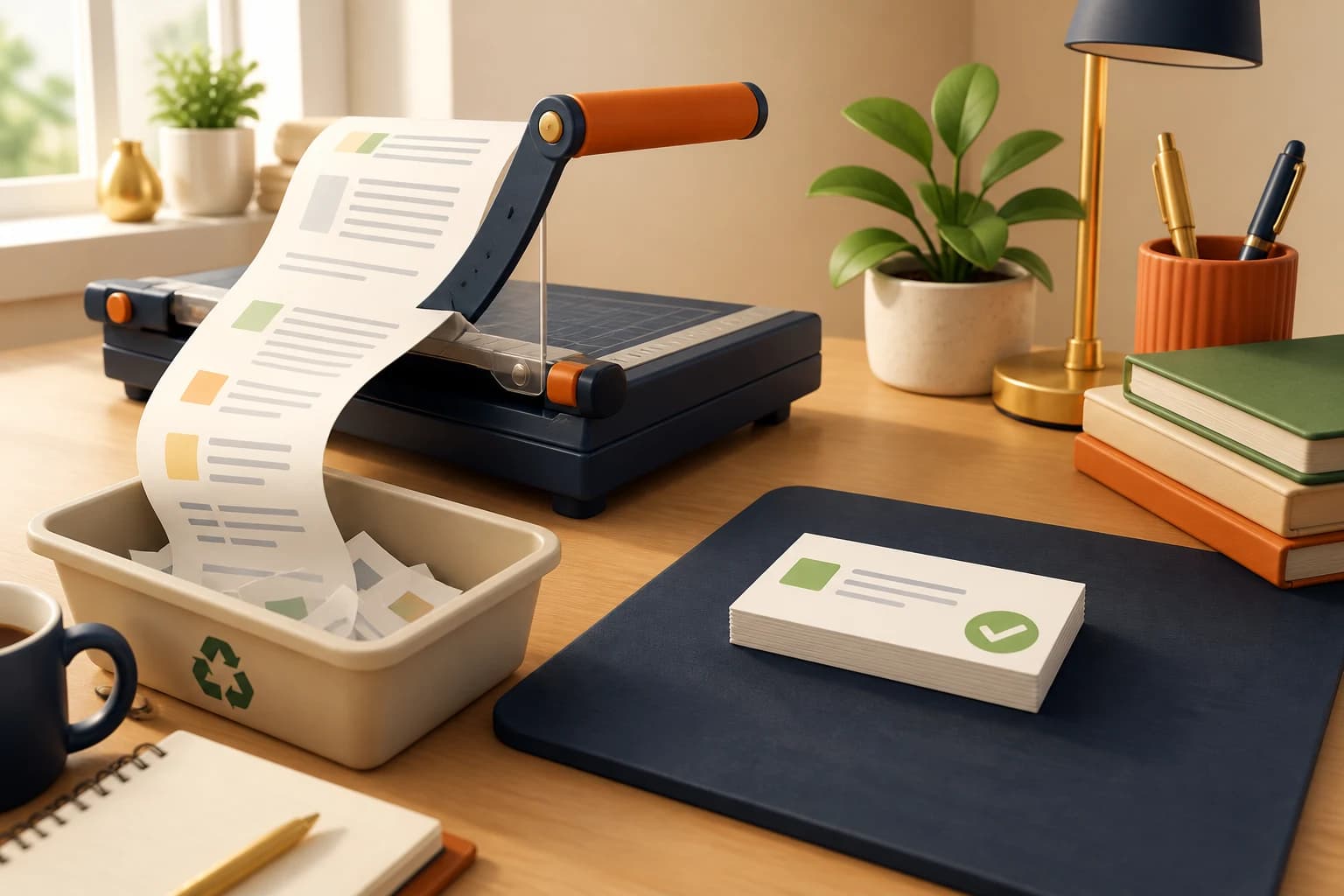 A long printed answer sliced off partway through by a paper trimmer and dropped into a recycling tray to be printed again, beside a short, complete card that was simply asked for concisely in the first place.