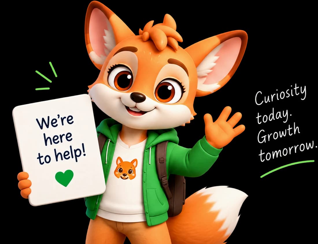 Piko the fox waving, holding a sign that reads “We're here to help!”