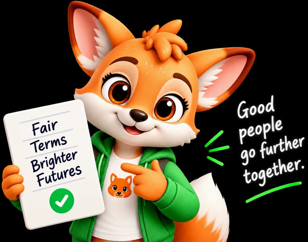 Piko holding a notepad reading “Fair Terms, Brighter Futures”, beside the handwritten line “Good people go further together”.