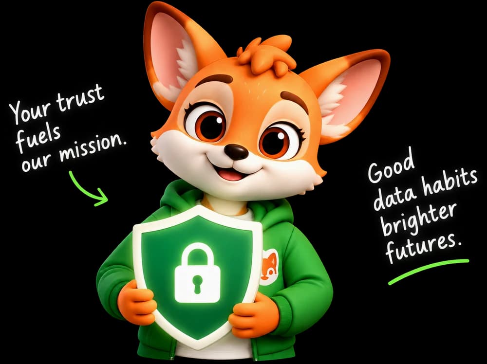 Piko holding a shield with a padlock on it, beside the handwritten lines “Your trust fuels our mission” and “Good data habits, brighter futures”.