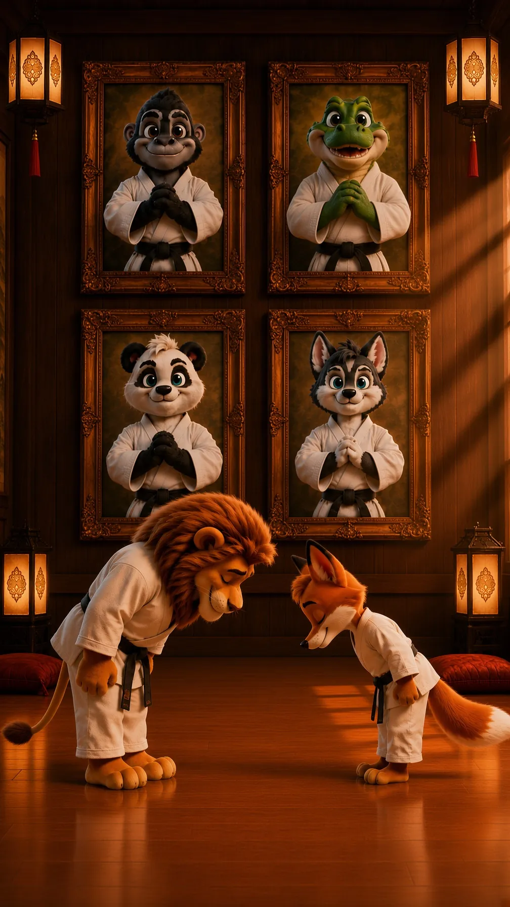 A karate lesson in a dojo: Piko the fox teaching a young lion